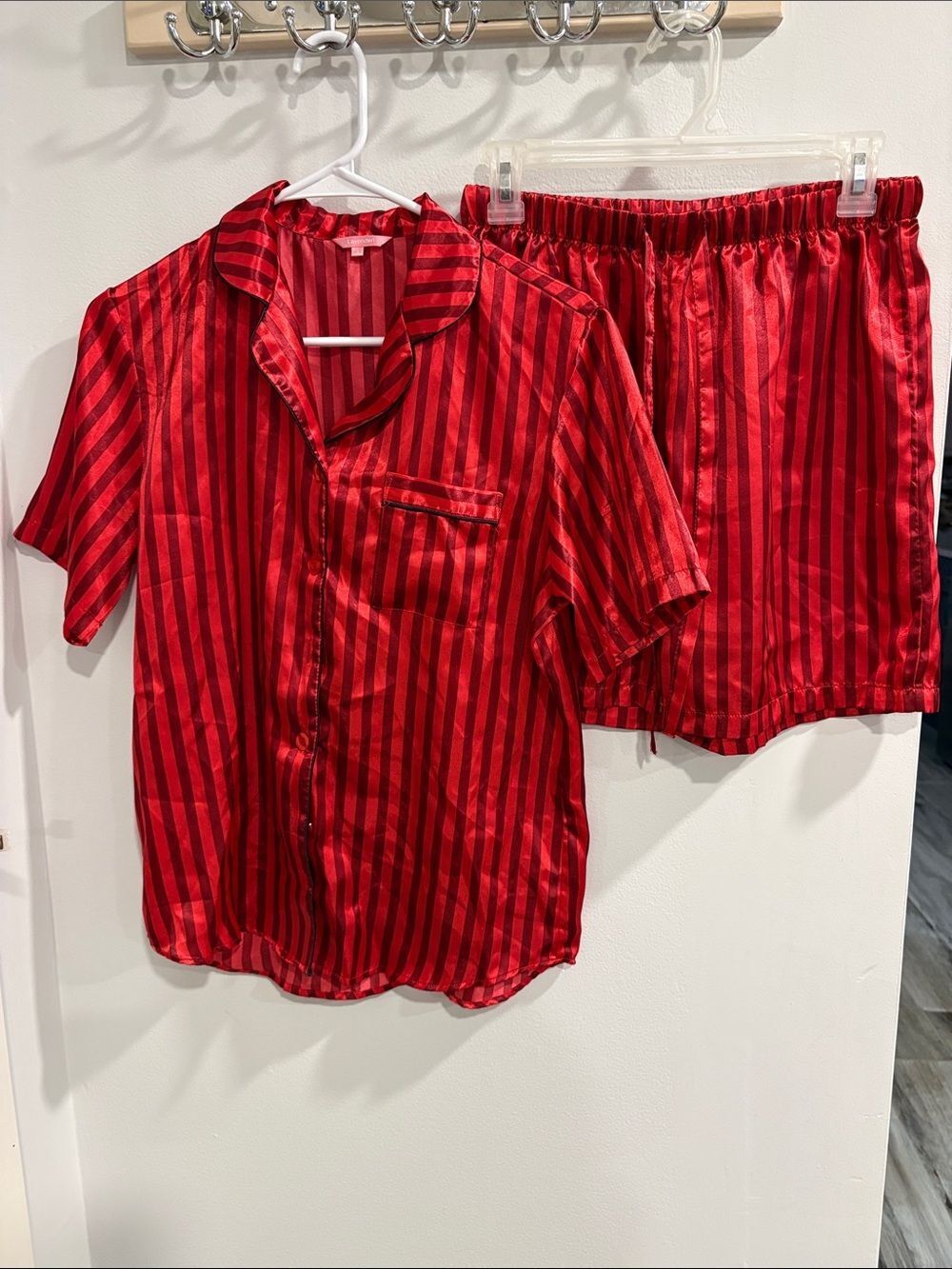 Red Satin Striped Skirt with Elastic Waist